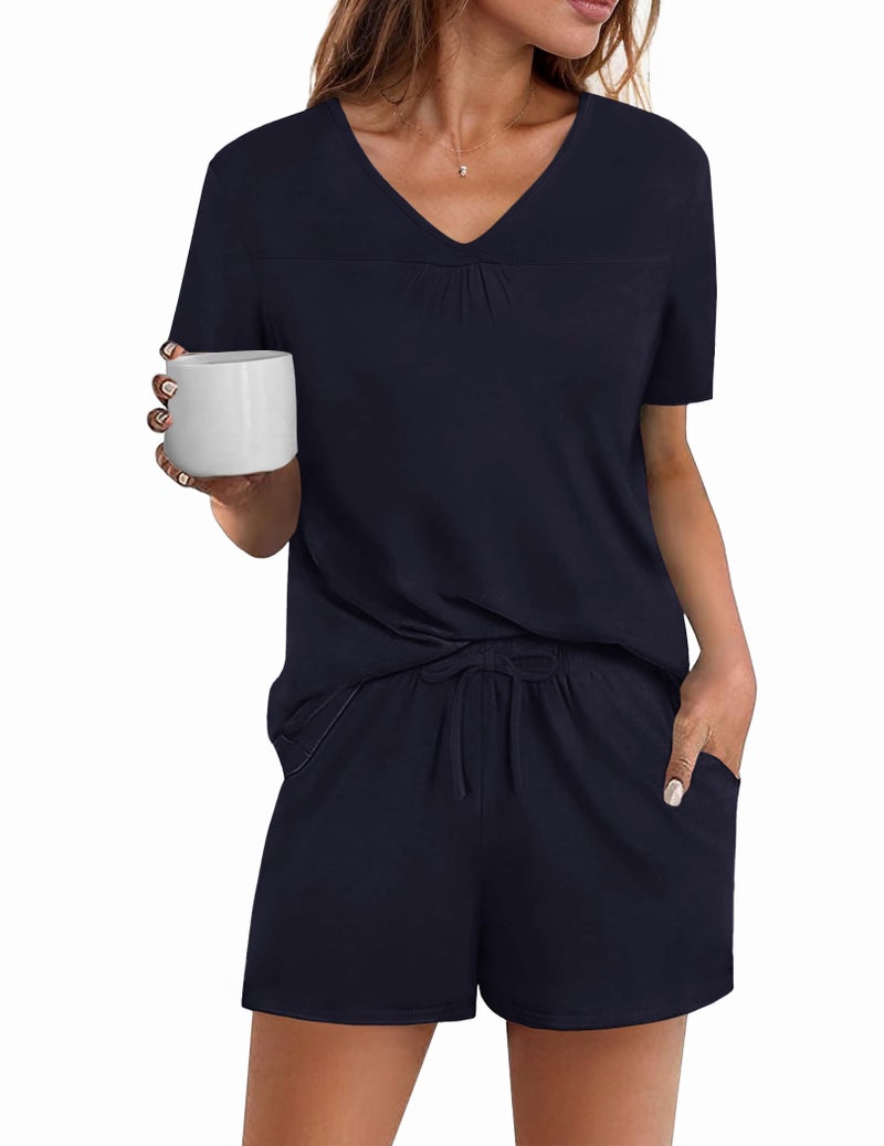 Avidlove Women's Shorts Pajama Set Short Sleeve Sleepwear Nightwear Pjs S-XXL Navy Blue - Image 1